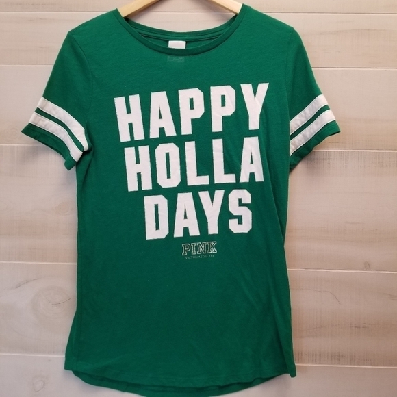 {M} PINK VS Happy Holla Days Christmas Jersey Tee - Picture 2 of 7